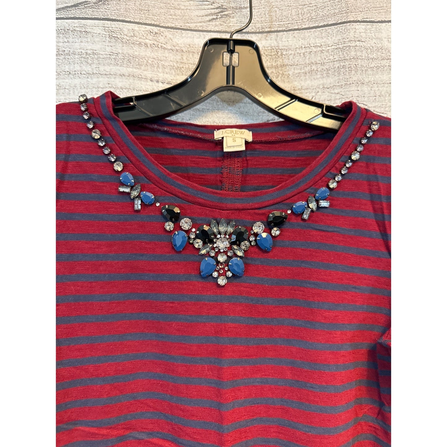 J.Crew Bejeweled Striped Red & Navy 3/4 Sleeve Top Size S