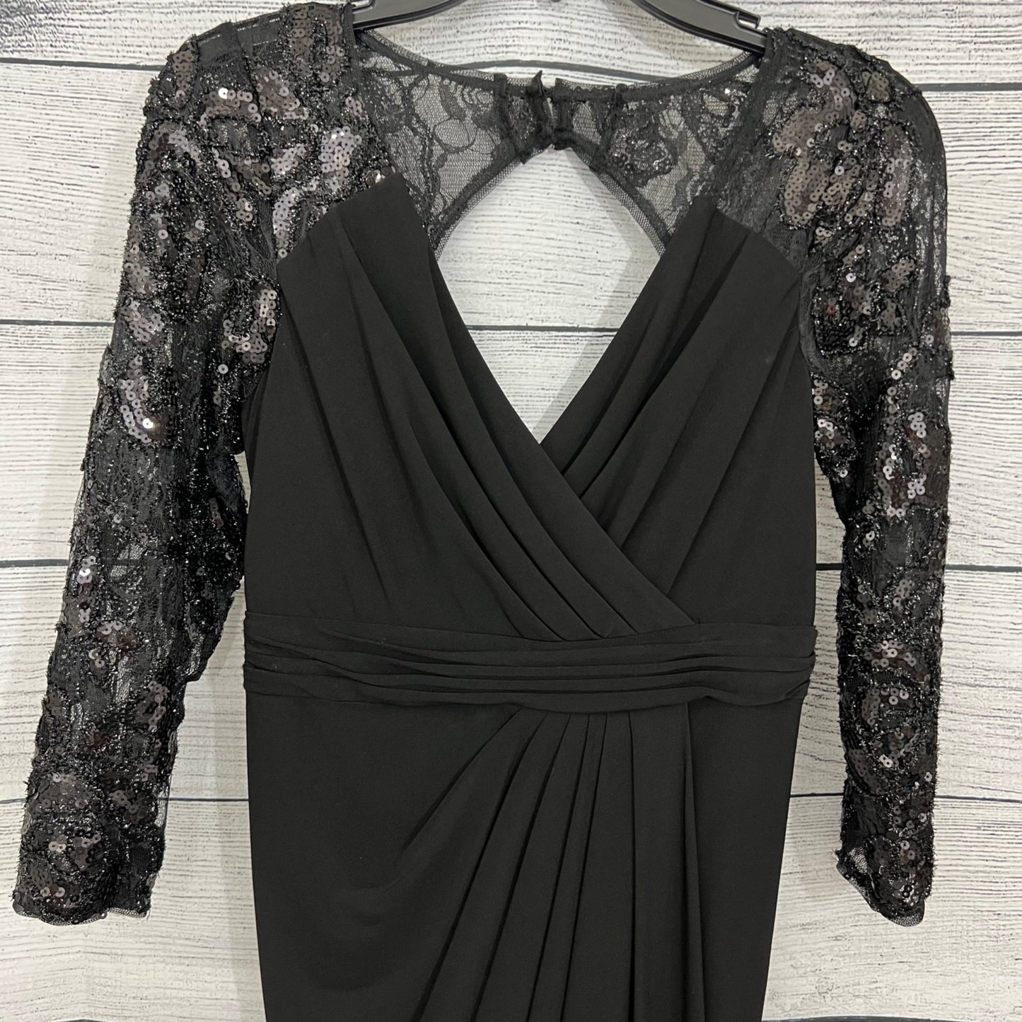 Adrianna Papell Black Evening Gown With Sequin Lace Sleeves & Keyhole Back, Size 4