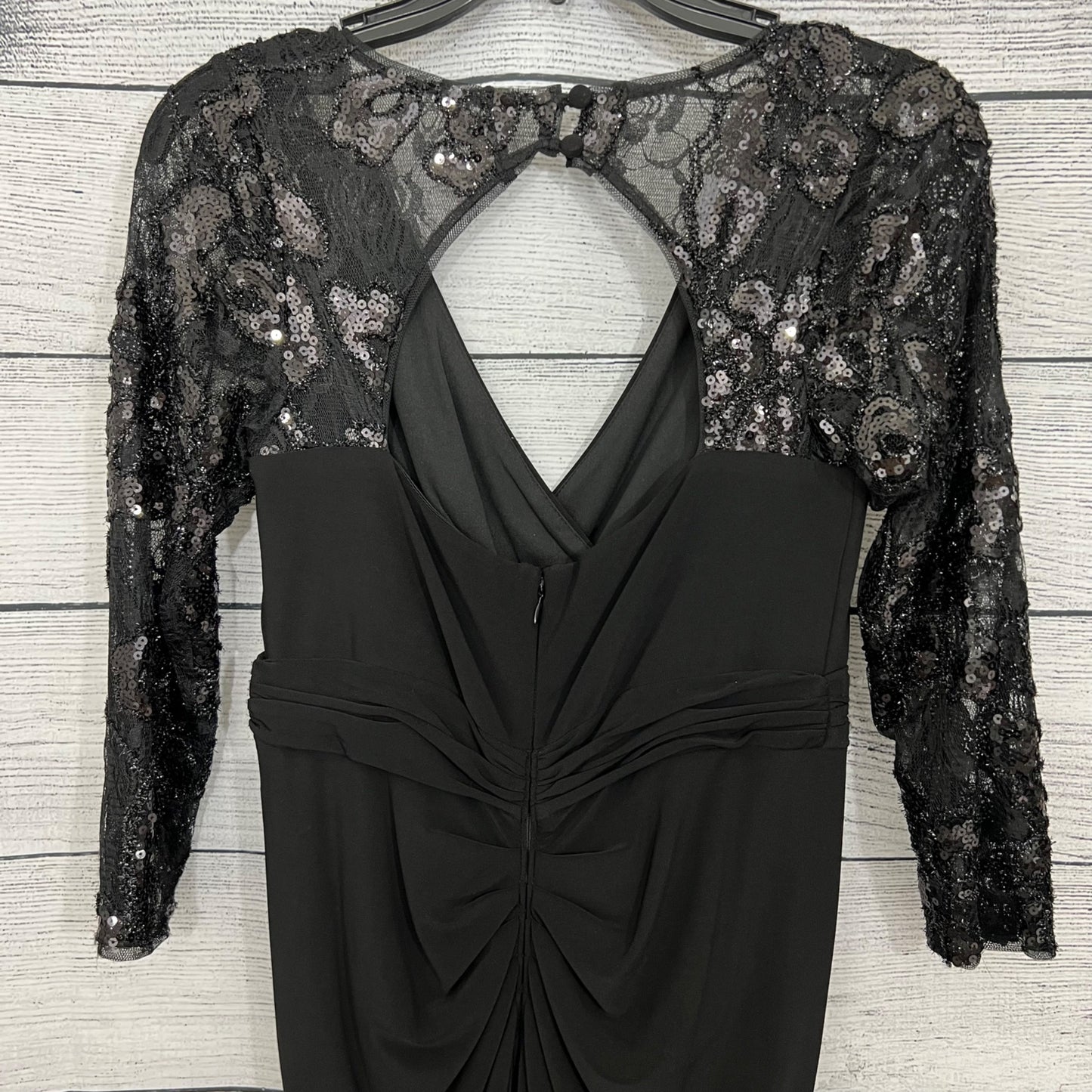 Adrianna Papell Black Evening Gown With Sequin Lace Sleeves & Keyhole Back, Size 4
