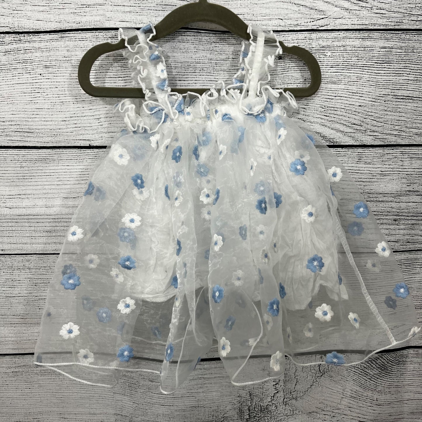 Vintage Baby Dress White & Blue Floral Embroidered Sleeveless Ruffle Trim Tulle Overlay