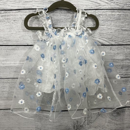 Vintage Baby Dress White & Blue Floral Embroidered Sleeveless Ruffle Trim Tulle Overlay