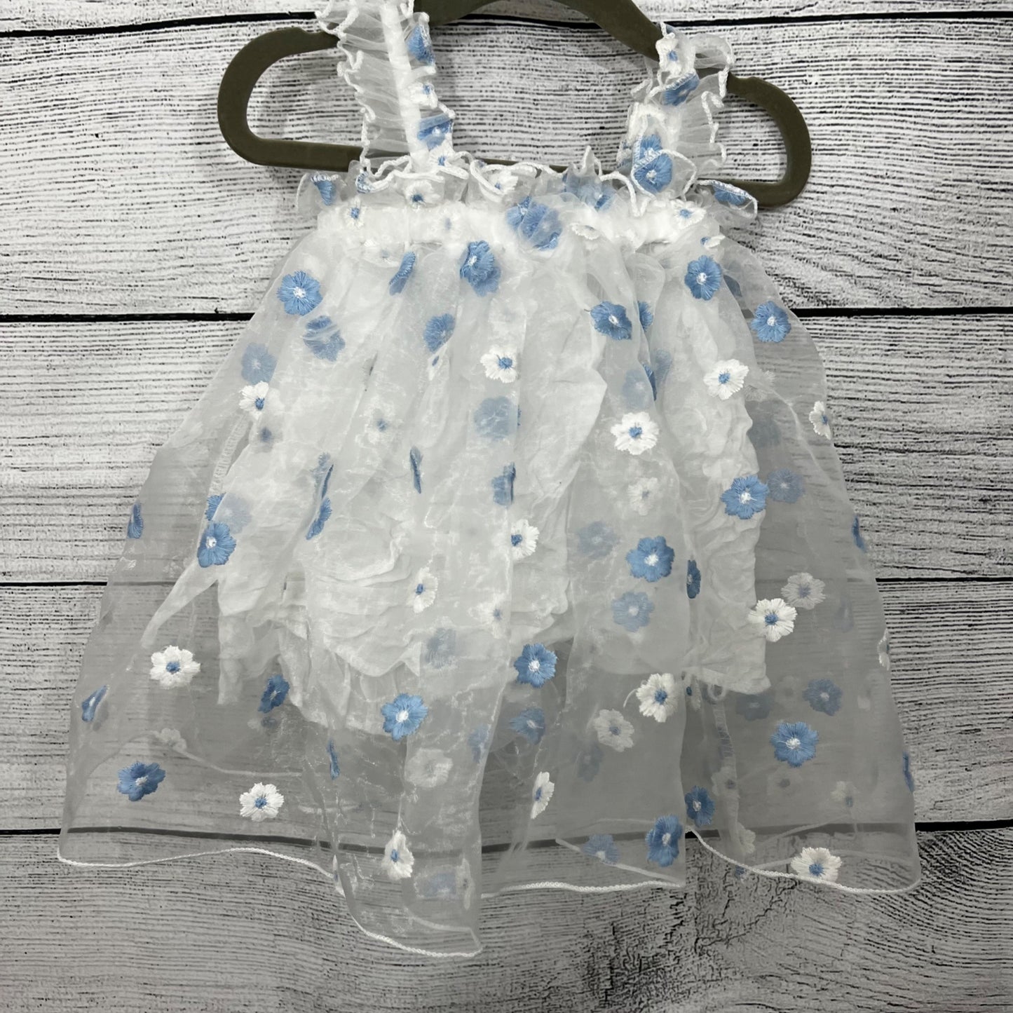 Vintage Baby Dress White & Blue Floral Embroidered Sleeveless Ruffle Trim Tulle Overlay