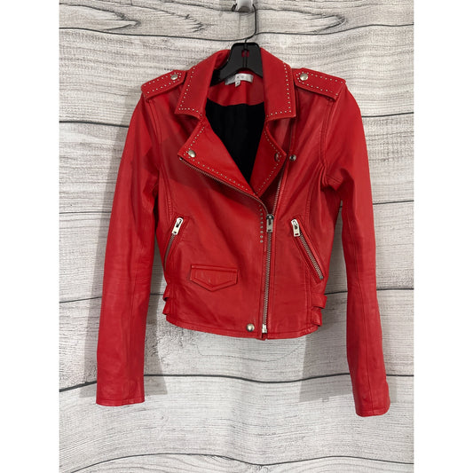 IRO Asheville Red Lamb Leather Studded Moto Jacket Size 38
