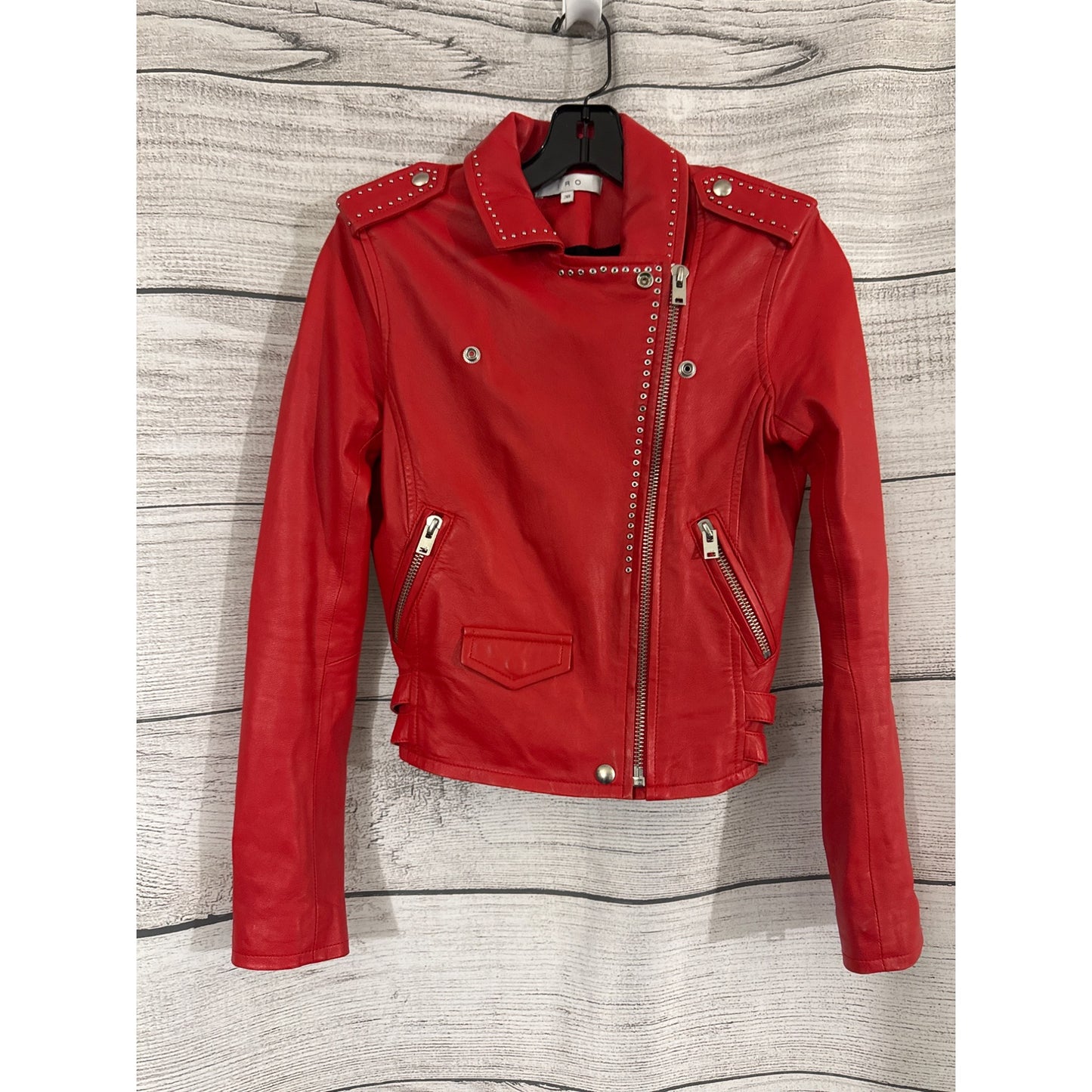 IRO Asheville Red Lamb Leather Studded Moto Jacket Size 38