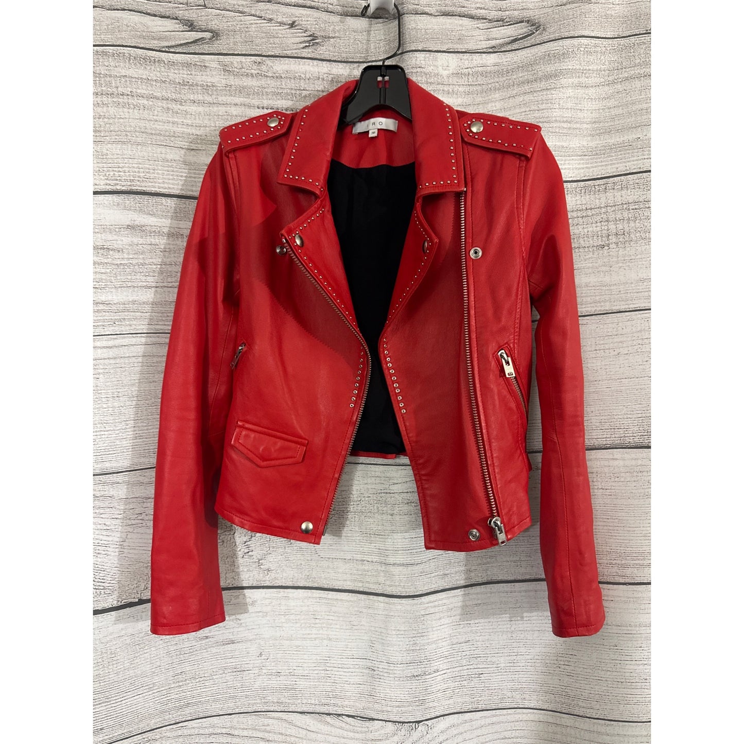 IRO Asheville Red Lamb Leather Studded Moto Jacket Size 38