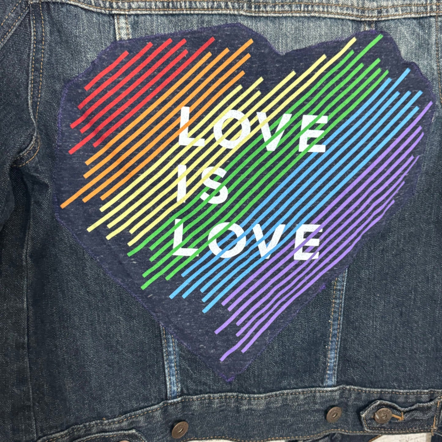 Mudd Denim Jacket With Rainbow Heart "Love Is Love" Graphic Size S