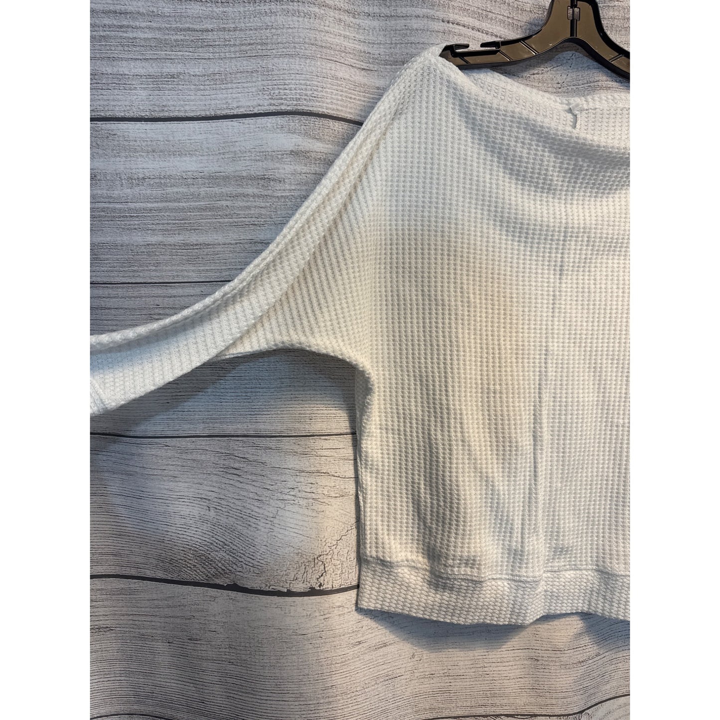 White Waffle Knit Long Sleeve Top With Boat Neckline & Ribbed Hem Size L