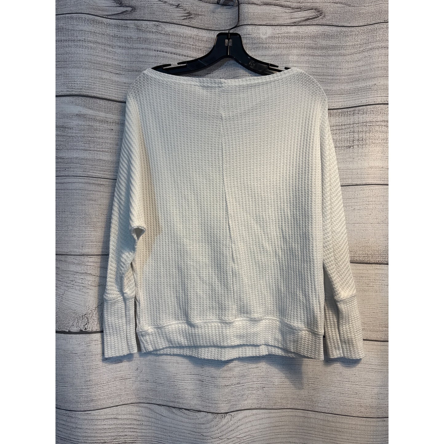 White Waffle Knit Long Sleeve Top With Boat Neckline & Ribbed Hem Size L