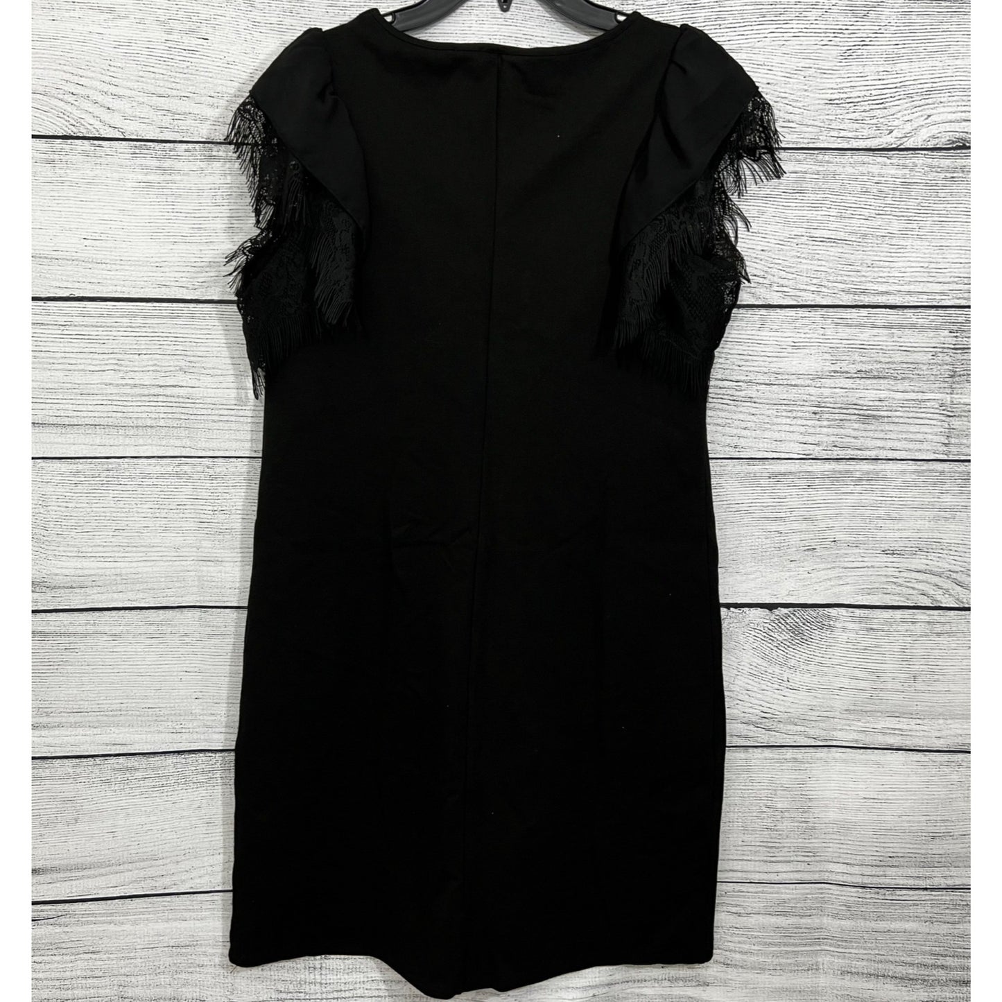 Benetton Black Dress With Lace Fringe Sleeves & Ruffle Detail, Size Medium