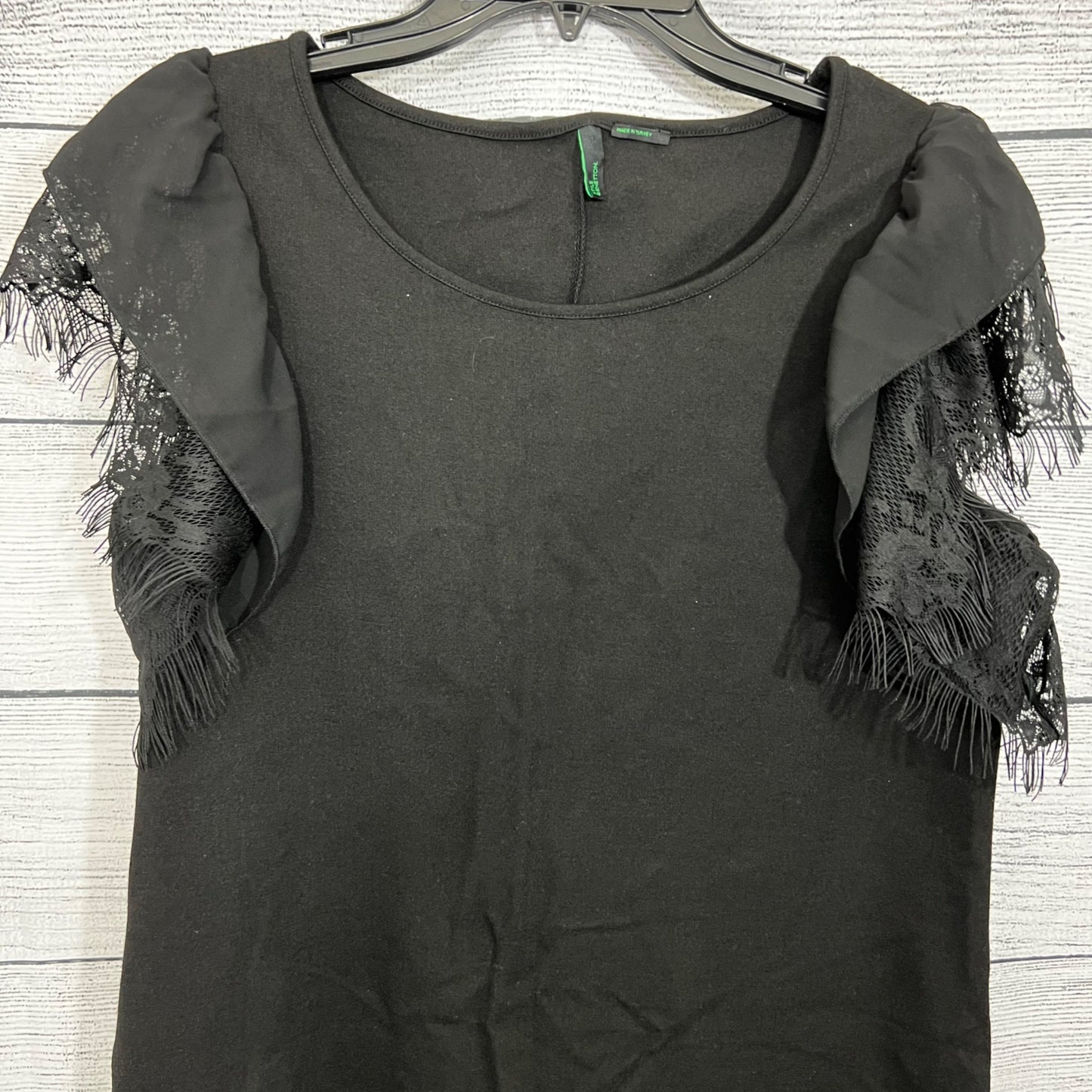 Benetton Black Dress With Lace Fringe Sleeves & Ruffle Detail, Size Medium