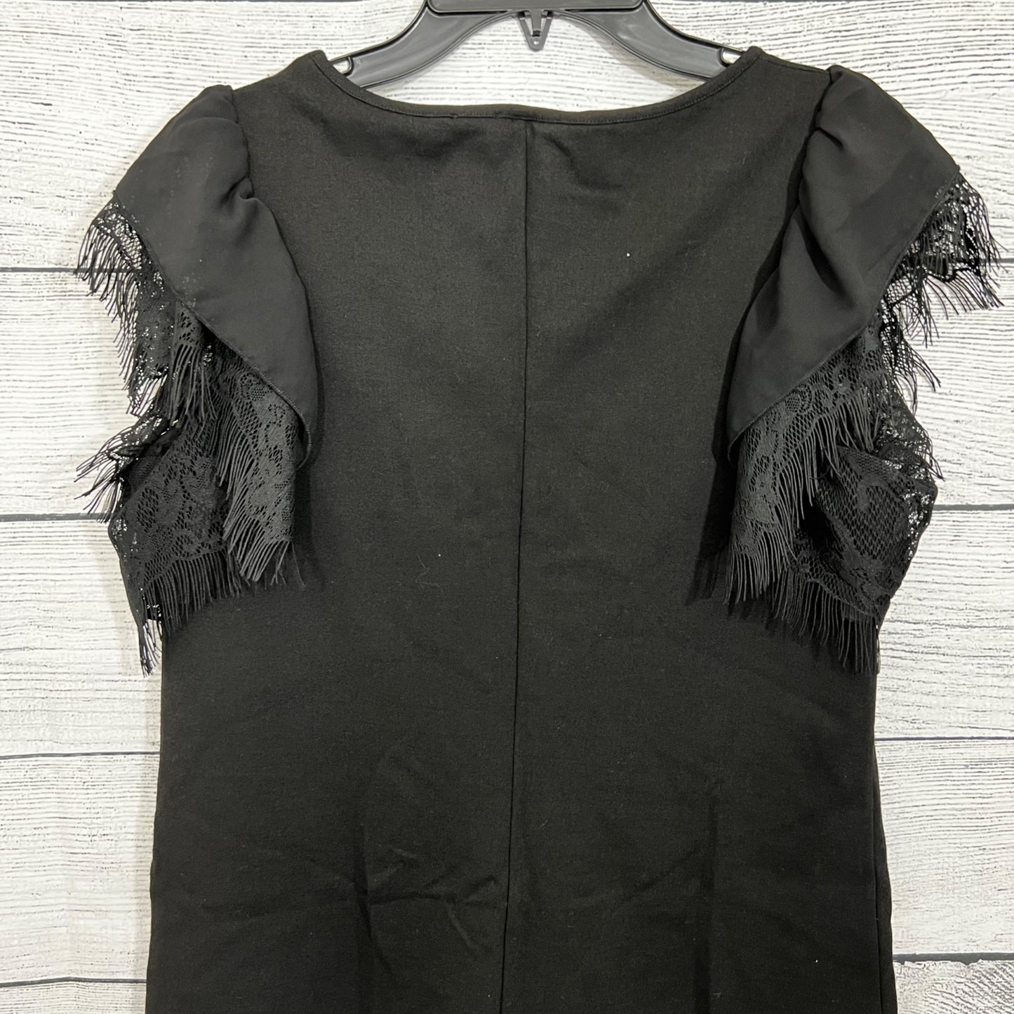 Benetton Black Dress With Lace Fringe Sleeves & Ruffle Detail, Size Medium