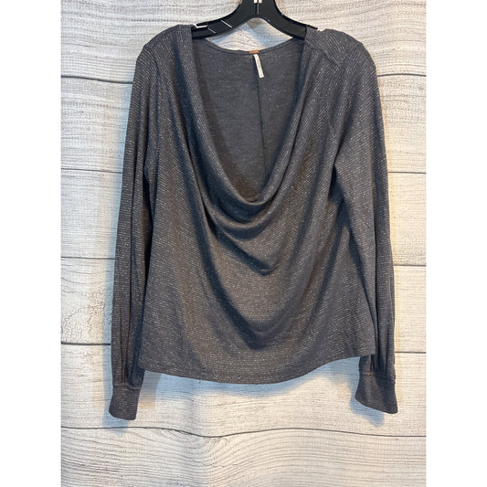 Free People Long Sleeve Drape Neck Metallic Knit Top Size L