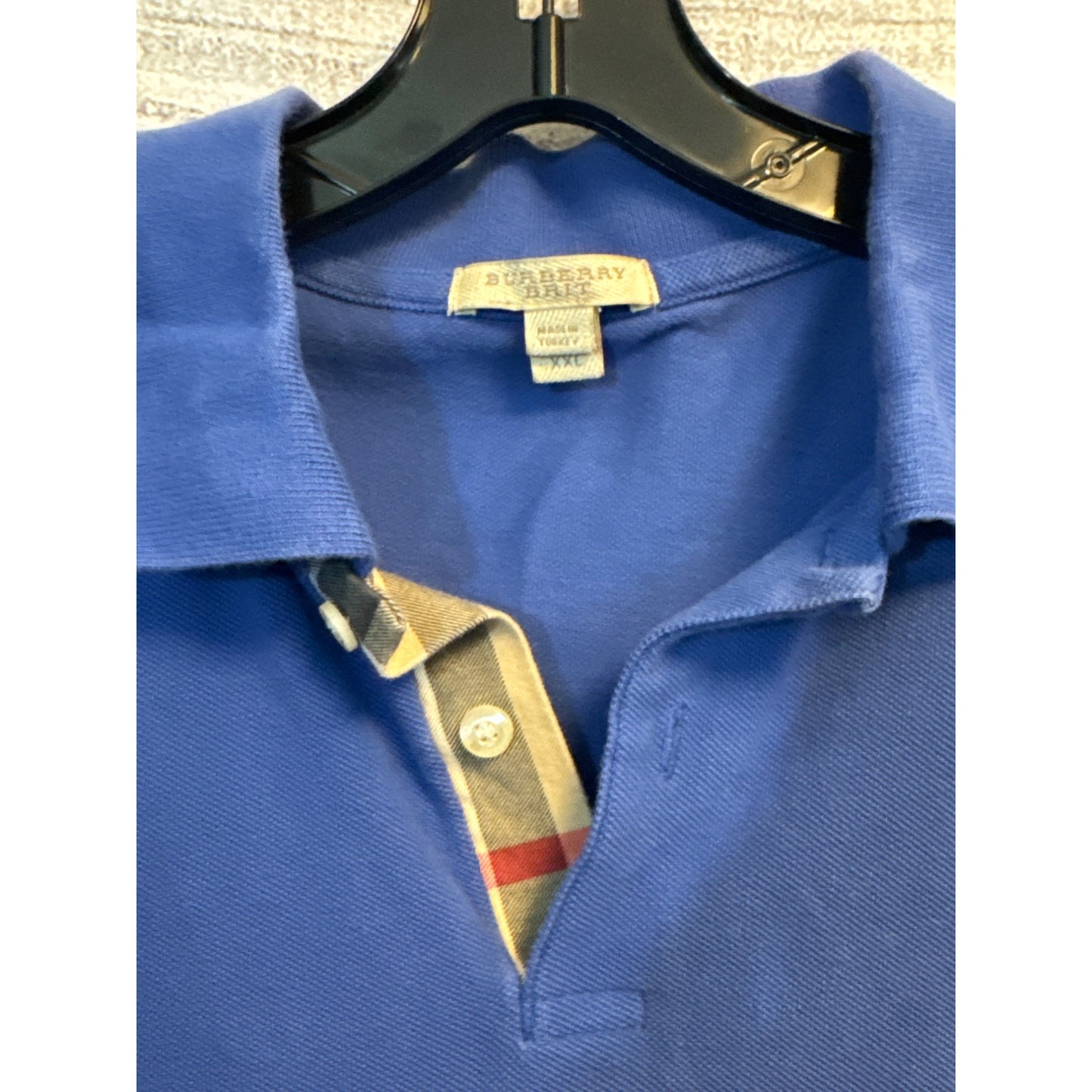 Mens Burberry Blue Polo Shirt With Signature Check Collar Accent Size XXL