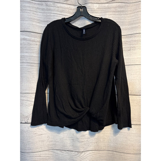 Iwollence Black Long-Sleeve Waffle-Knit Twist Front Top Size L