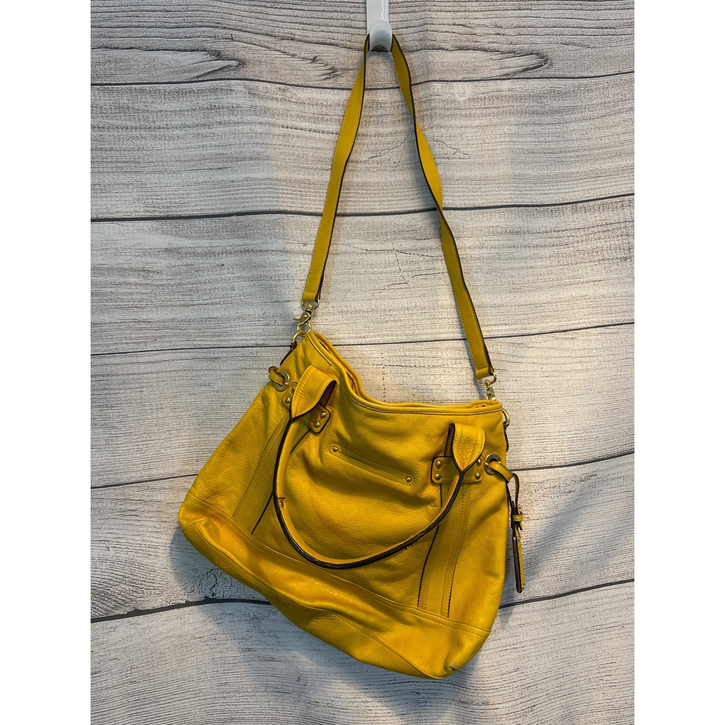 B. Makowsky Yellow Leather Tote Bag With Adjustable Strap & Handles