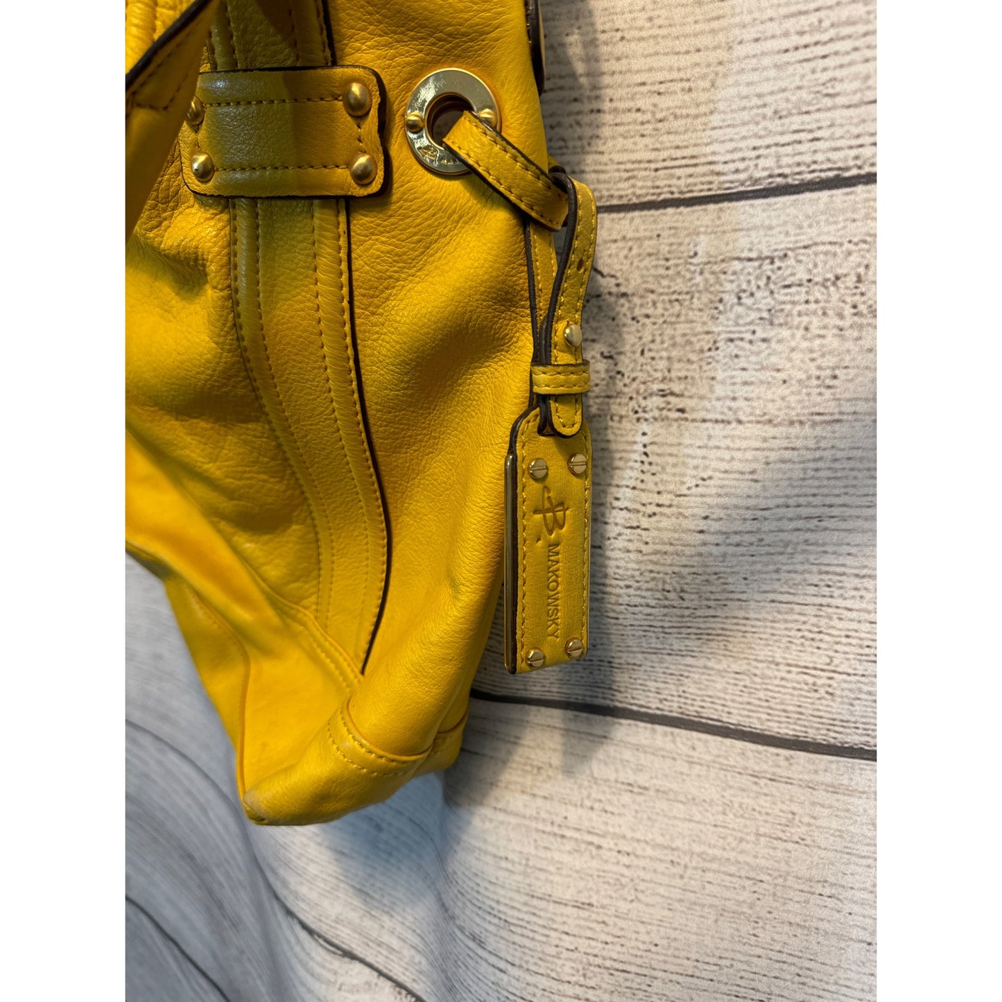 B. Makowsky Yellow Leather Tote Bag With Adjustable Strap & Handles