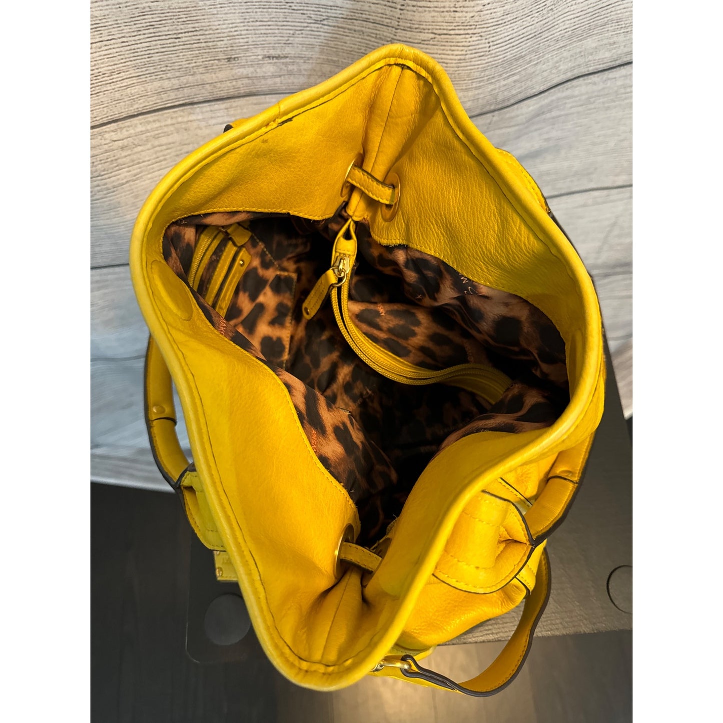 B. Makowsky Yellow Leather Tote Bag With Adjustable Strap & Handles