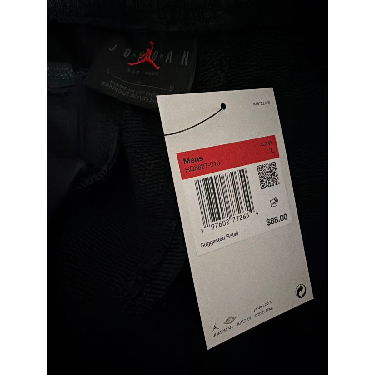 NWT Mens Jordan Black Joggers With Textured Panels & Elastic Cuffs Size L