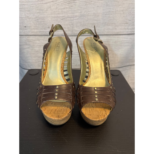 Guess Brown Cork Wedge Heeled Sandals With Adjustable Strap & Studded Detail Size 8.5