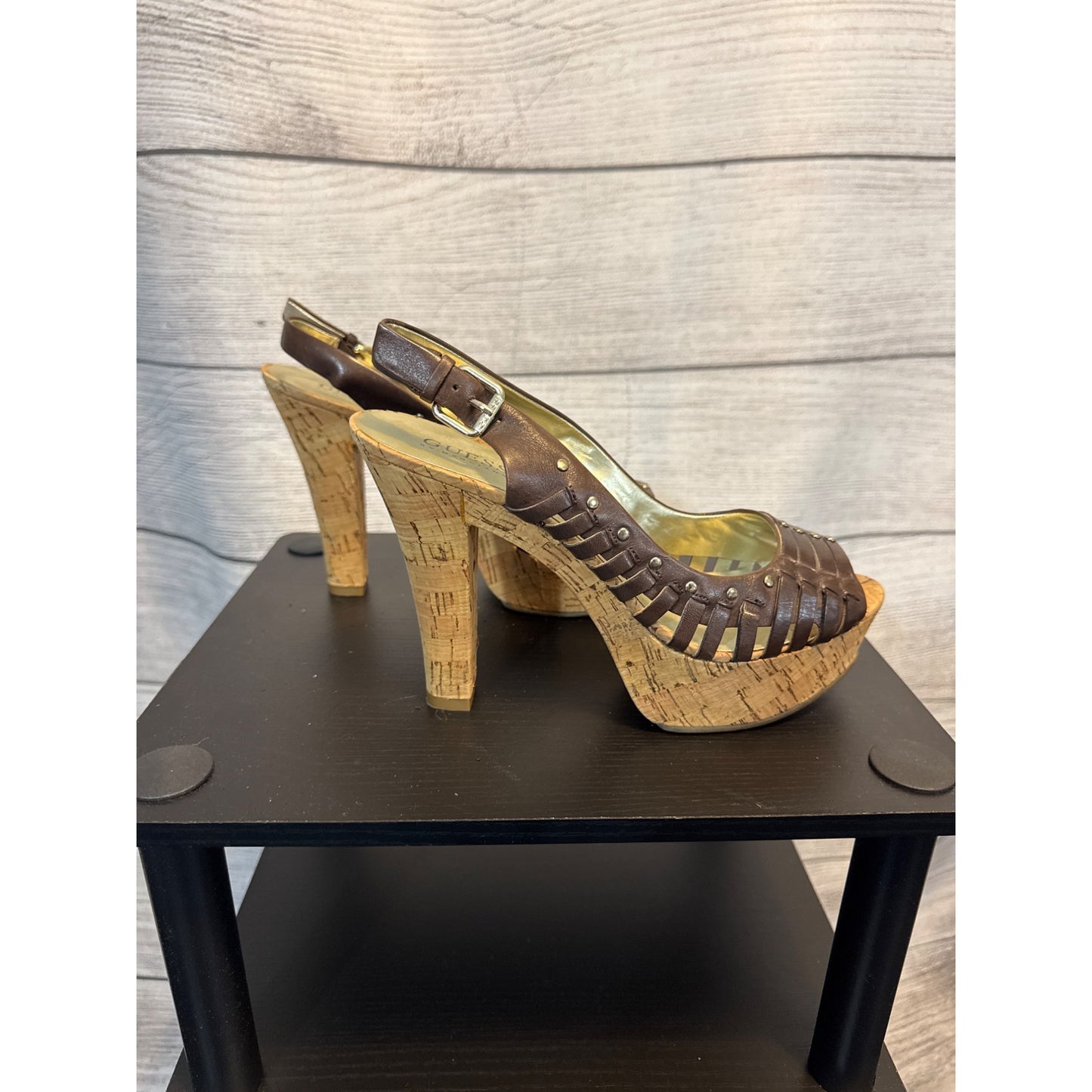 Guess Brown Cork Wedge Heeled Sandals With Adjustable Strap & Studded Detail Size 8.5