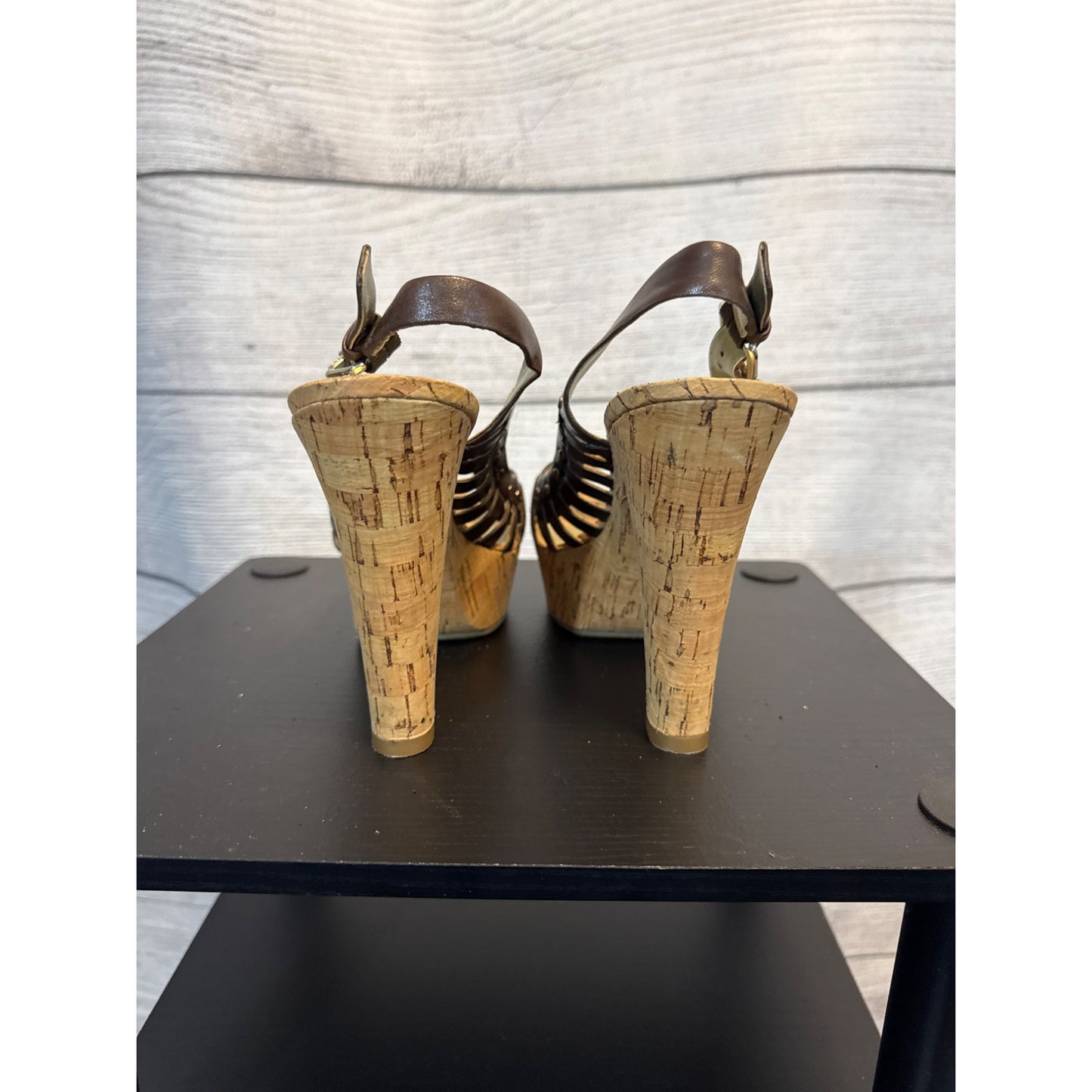 Guess Brown Cork Wedge Heeled Sandals With Adjustable Strap & Studded Detail Size 8.5