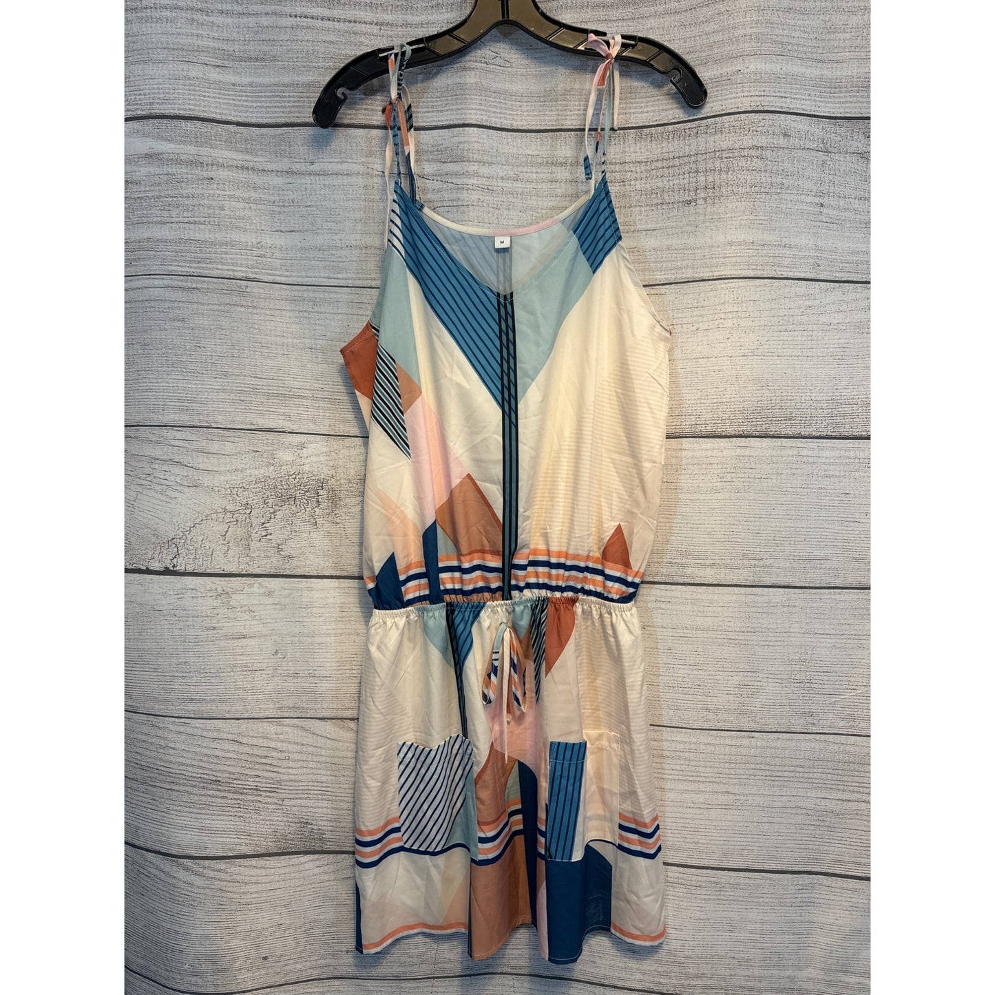 Geometric Print Sleeveless Summer Dress With Drawstring Size M