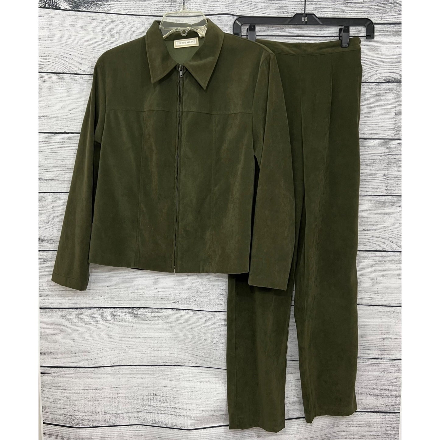 Studio Works Olive Green Suede Two-Piece Pant Suit, Size Medium