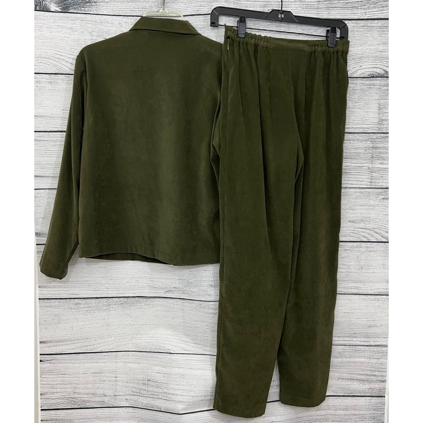 Studio Works Olive Green Suede Two-Piece Pant Suit, Size Medium