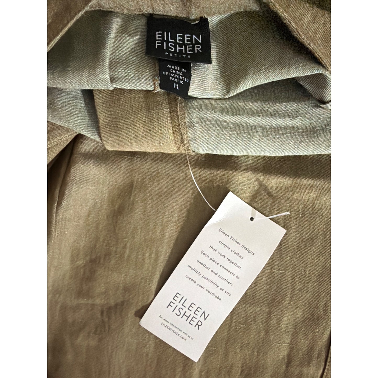 NWT Eileen Fisher Petite Olive Green Linen Wide Leg Pants Size PL