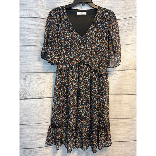 Manydress V Neck Chiffon 3/4 Ruffle Bell Sleeve Dress Size M