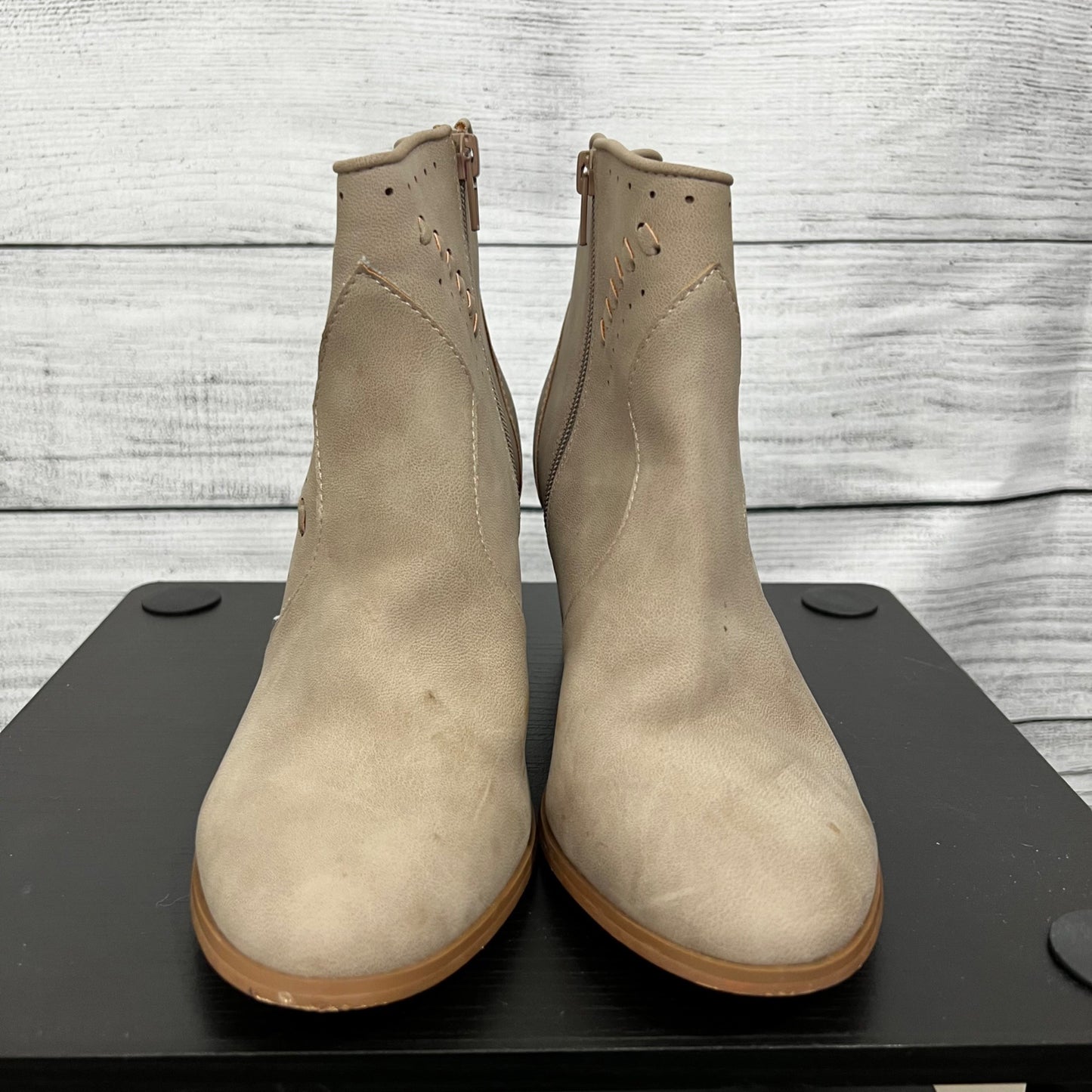 Restricted Tan Perforated Ankle Boots With Stacked Wooden Heel, Size 9