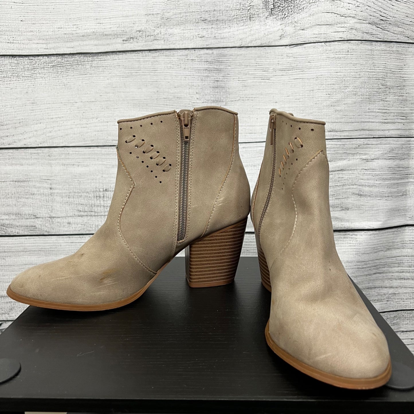 Restricted Tan Perforated Ankle Boots With Stacked Wooden Heel, Size 9