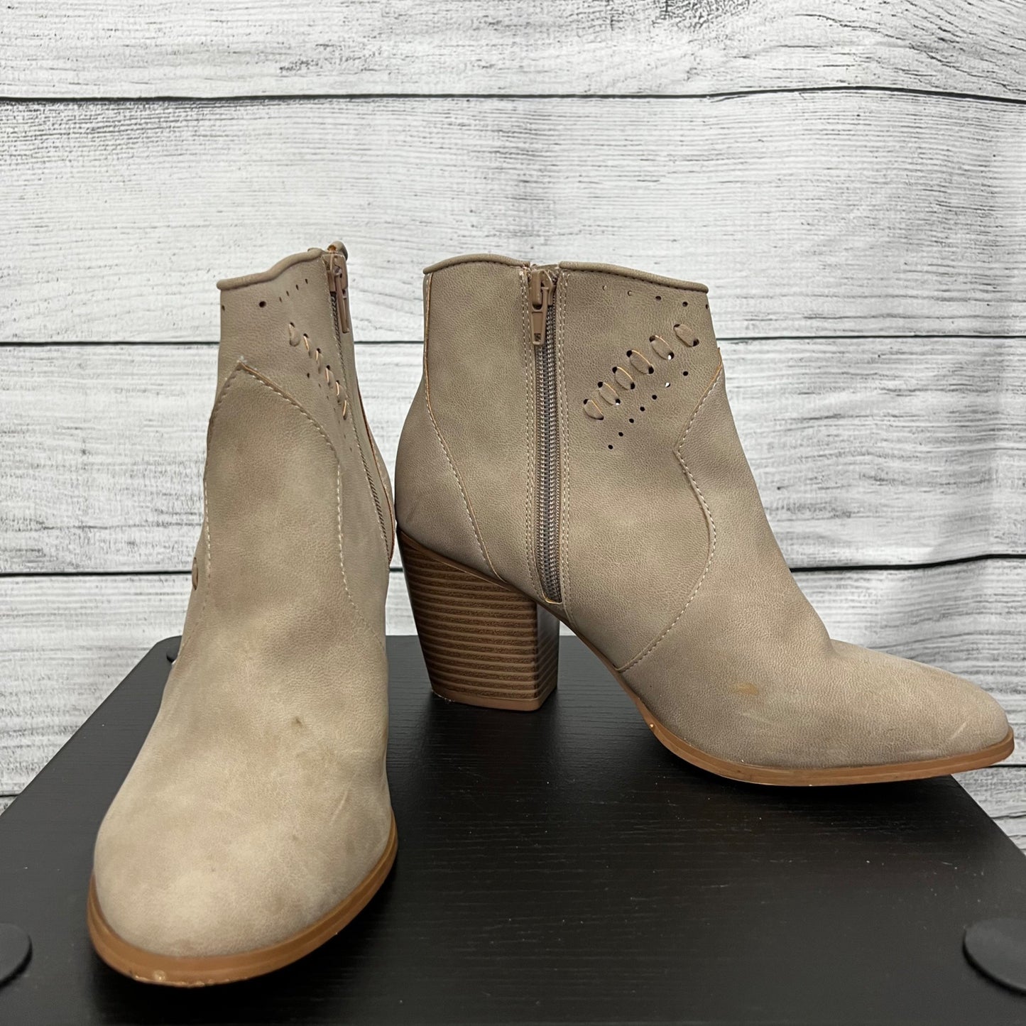 Restricted Tan Perforated Ankle Boots With Stacked Wooden Heel, Size 9