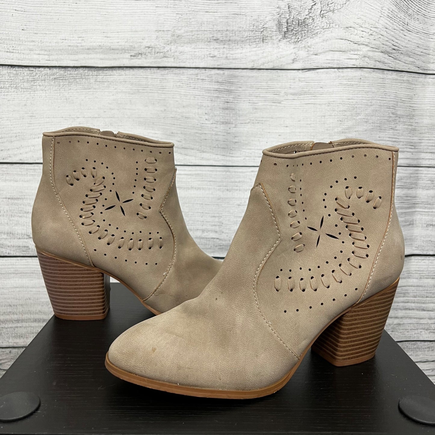 Restricted Tan Perforated Ankle Boots With Stacked Wooden Heel, Size 9