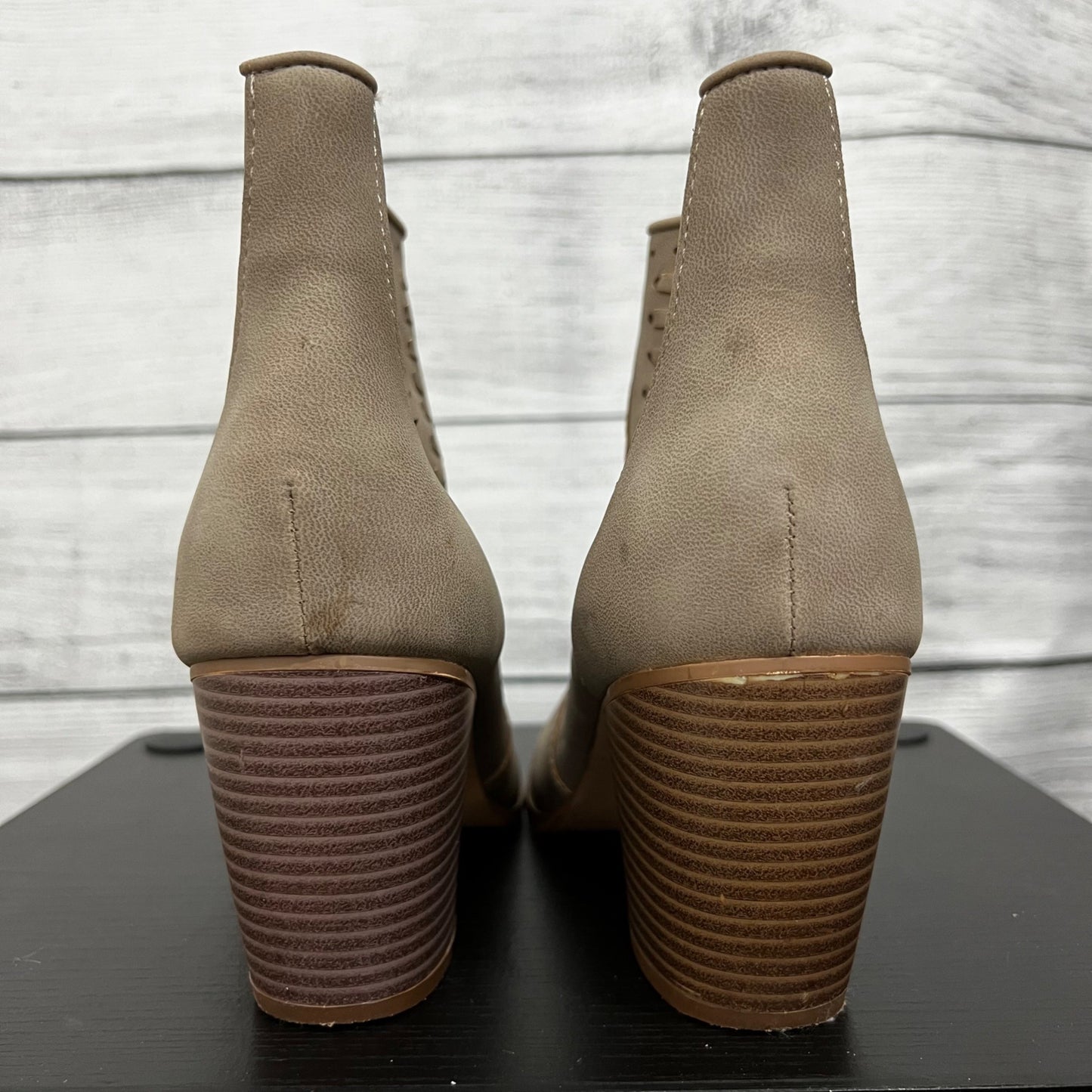 Restricted Tan Perforated Ankle Boots With Stacked Wooden Heel, Size 9