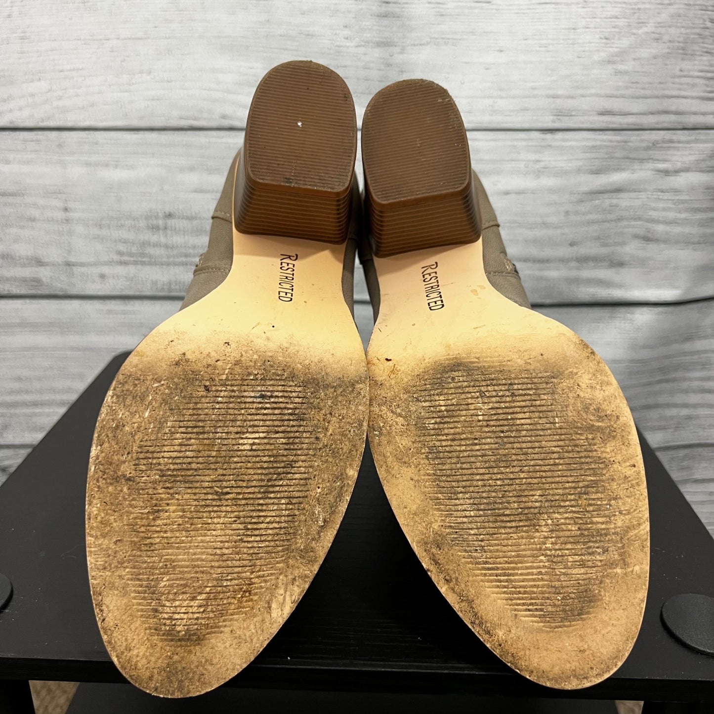 Restricted Tan Perforated Ankle Boots With Stacked Wooden Heel, Size 9