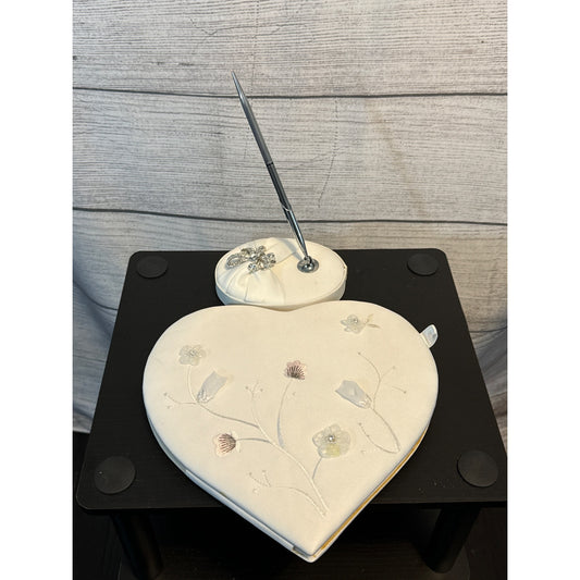 Heart-Shaped Wedding Guest Book & Pen Set With Floral Embroidery For Memorable Occasions