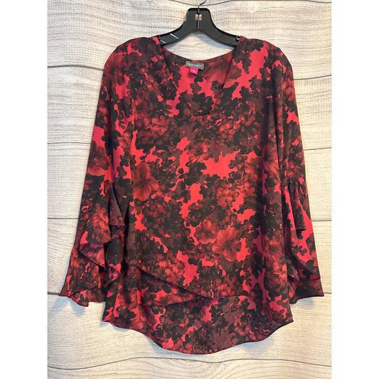 Vince Camuto Red & Black Floral Bell Sleeve Blouse V-Neck Layered Ruffle Top Size S