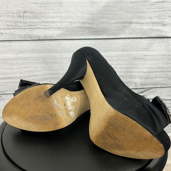 Black silk rhinestone bow pumps