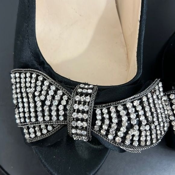 Black silk rhinestone bow pumps