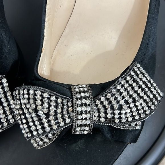 Black silk rhinestone bow pumps