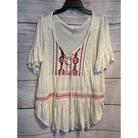 Free People Boho Peasant Top With Embroidered Front & Ruffle Sleeves Ivory Size M