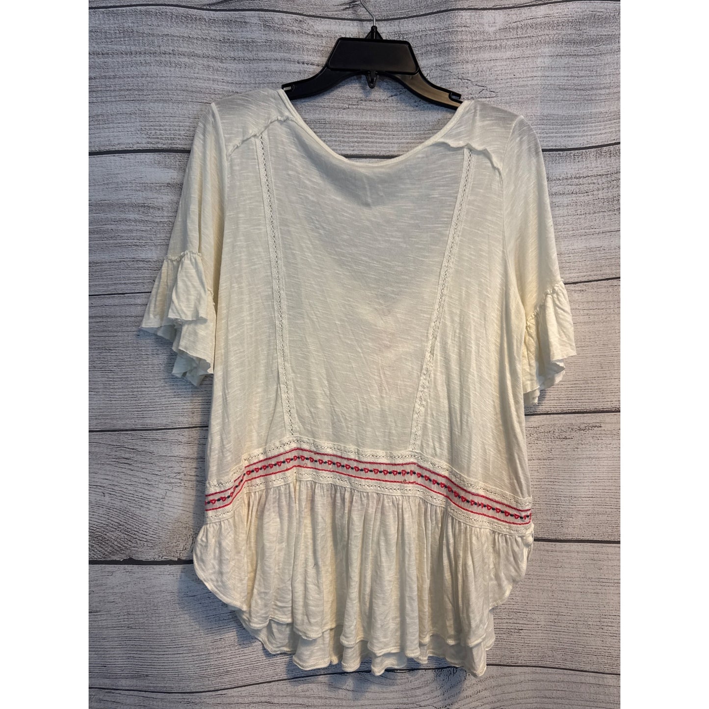 Free People Boho Peasant Top With Embroidered Front & Ruffle Sleeves Ivory Size M