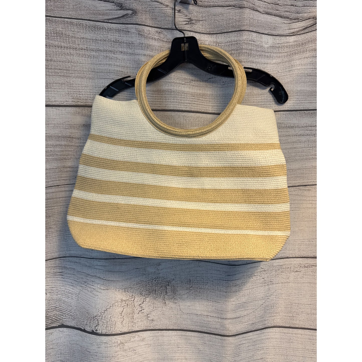 Sun N Sand Beige & White Striped Tote Bag With Circular Handles