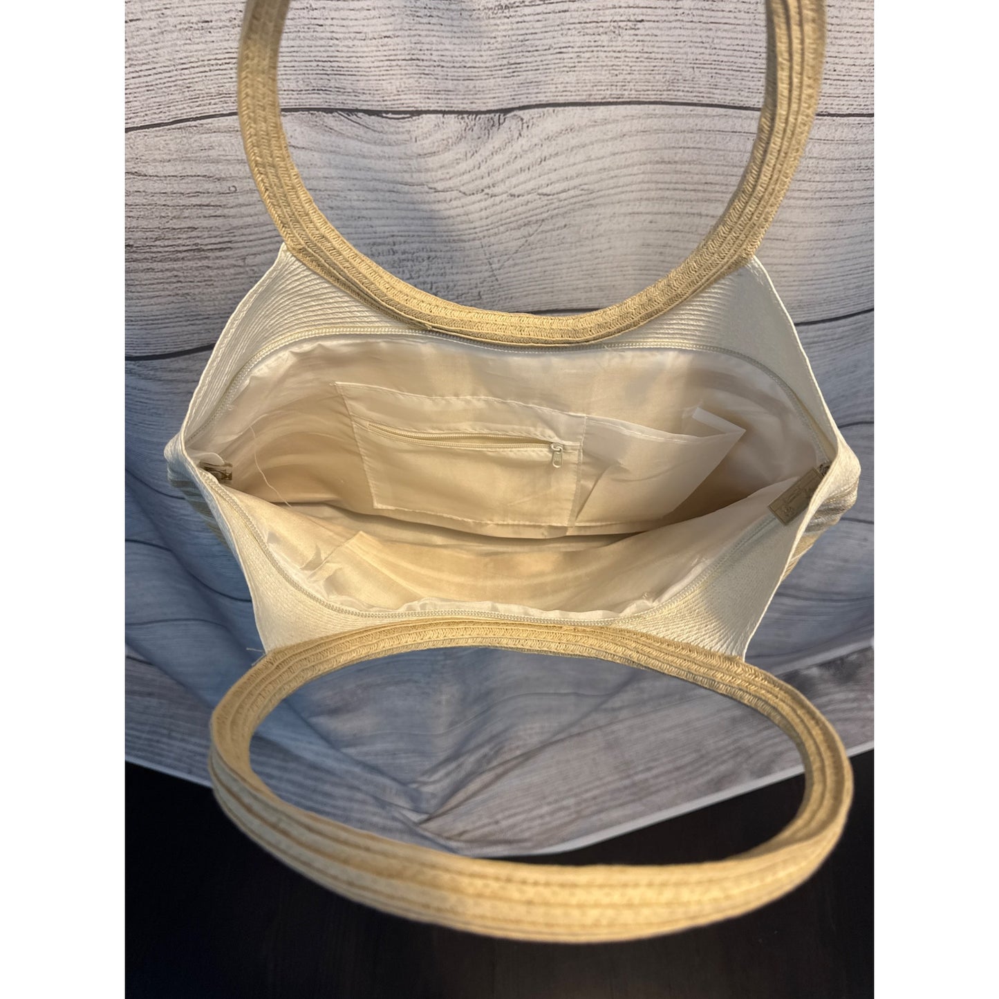 Sun N Sand Beige & White Striped Tote Bag With Circular Handles