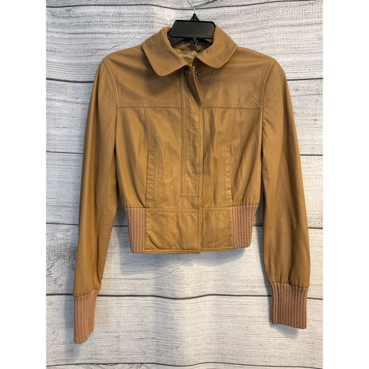 Catherine Maladrino Camel Leather Bomber Jacket