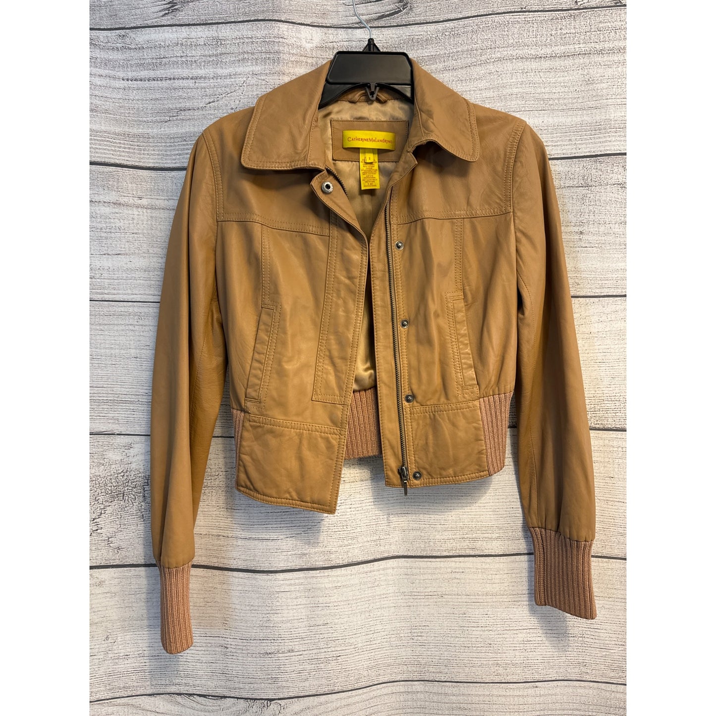 Catherine Malandrino Camel Leather Bomber Jacket Size 2