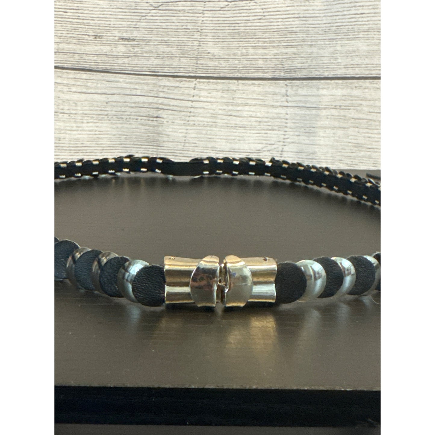 Vintage Silver & Black Leather Belt With Metal Discs & Clasp