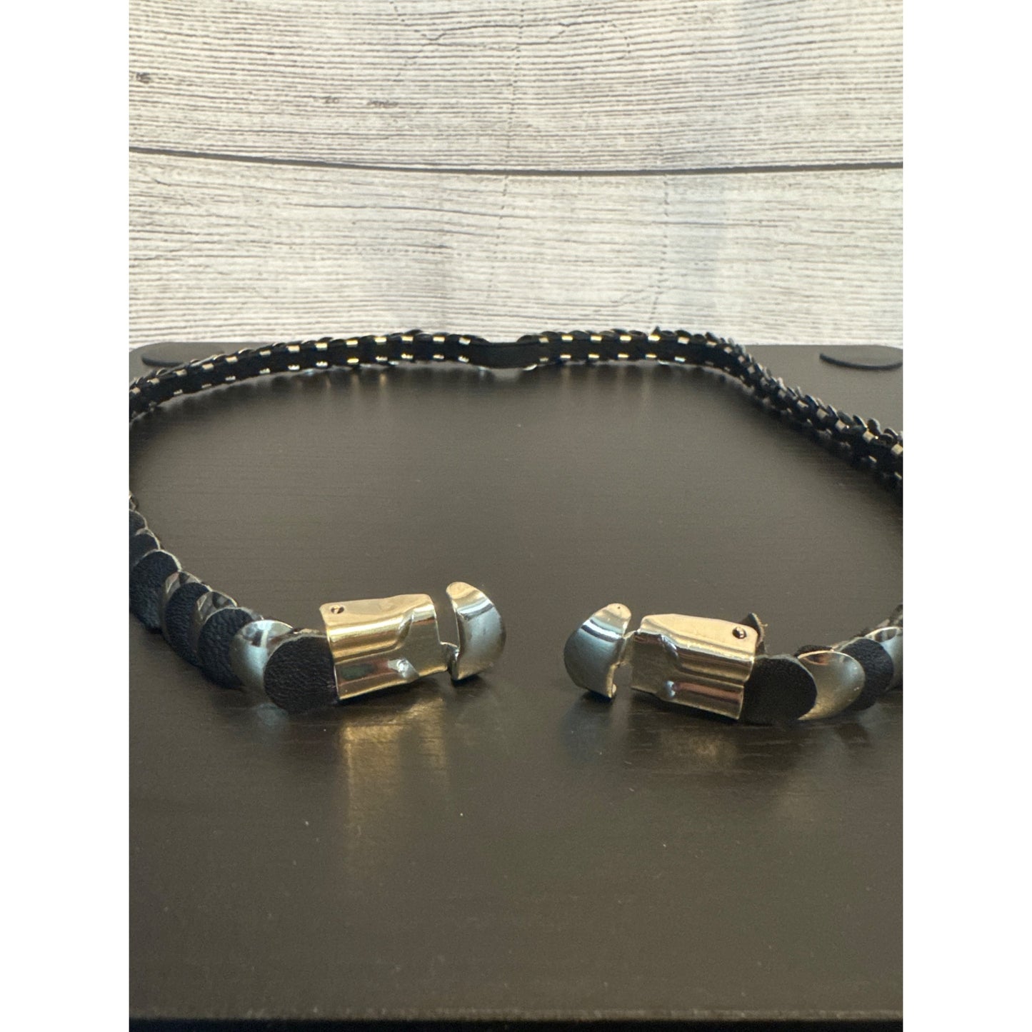 Vintage Silver & Black Leather Belt With Metal Discs & Clasp
