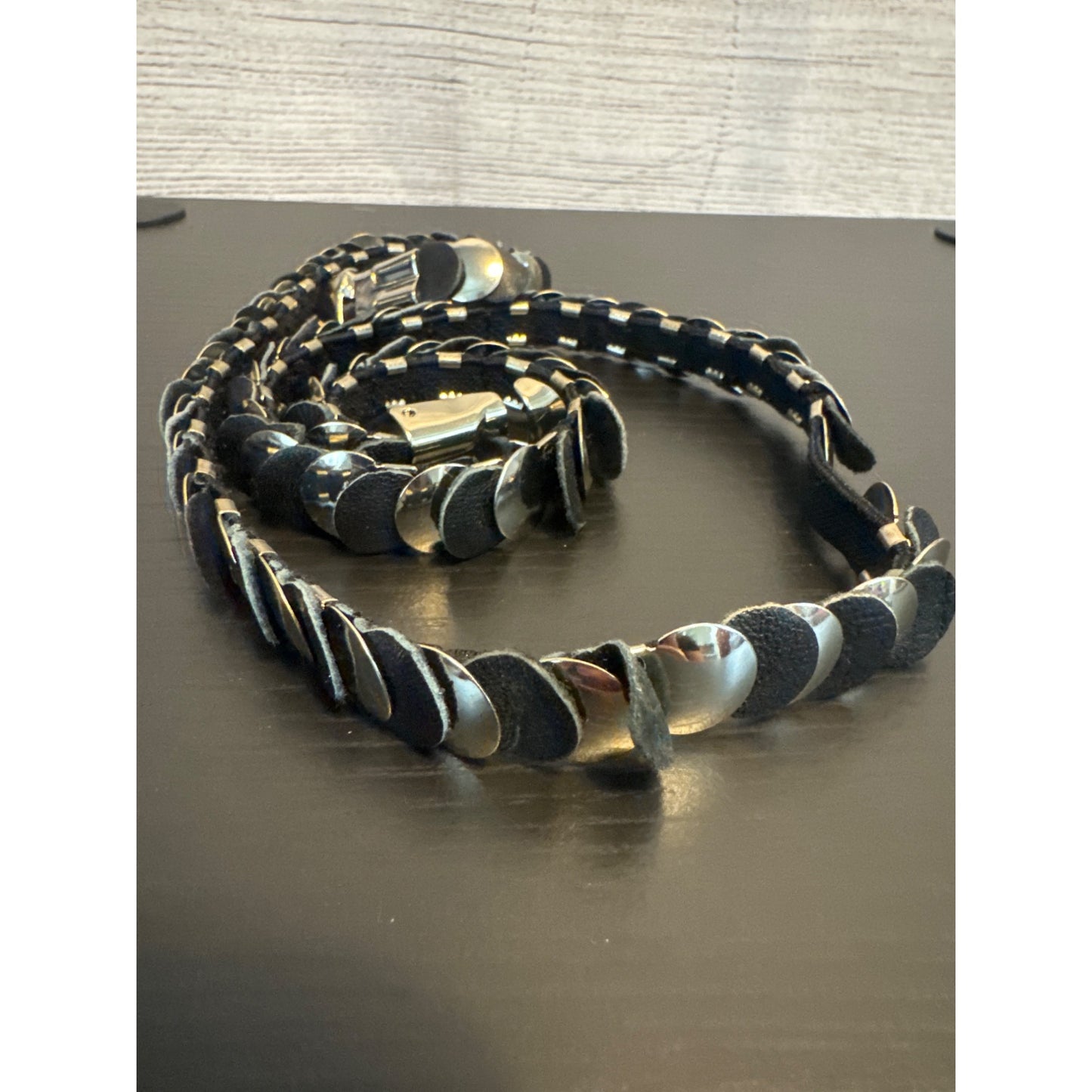 Vintage Silver & Black Leather Belt With Metal Discs & Clasp